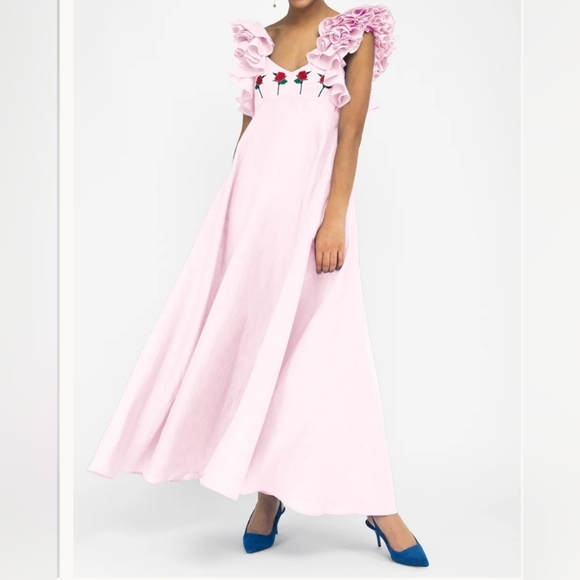 FANM MON Aster Pink DemreLinen Embroidered Maxi DressRuffle Sleeve NWT - Picture 6 of 16